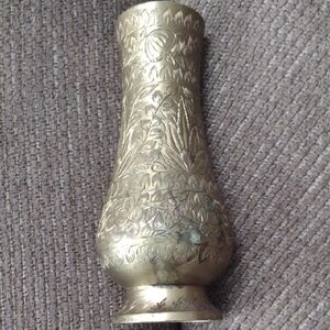 Brass  Ornate Floral Botanical Etched  Footed Vase Vintage Crafted In India